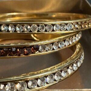 Set of 3  Gold Tone Crystal & Amber Rhinestone Bangle Bracelets by Shashana